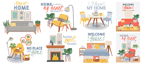scandic cozy interiors. comfy furnished living room and bedroom in hygge style with armchair, plants and cat. modern stay home vector poster. quotations about home as no place  home