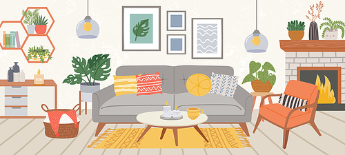 Living room interior. Modern home indoor furniture cozy sofa, carpet, chair, table and plant in scandic hygge style. Apartment vector decor. Comfortable flat with Scandinavian furnishing