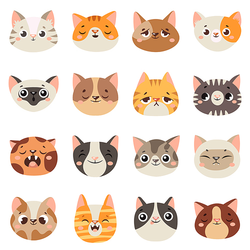 Cute cats faces. Happy animals, funny kitten smiling mouth and crying sad cat. Animal character pets face portrait, various cat breeds cartoon vector isolated icons illustration set