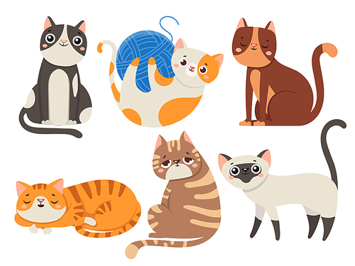 Cute cats. Fluffy cat, sitting kitten character or domestic animals. Happy funny playful and sleep kitty cats emotion. Cartoon feline isolated icons vector illustration collection