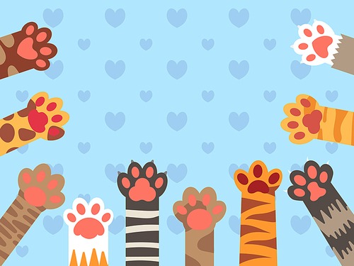 Cat paws. Cute kitten paw, cats claws and funny domestic pets foot. Kittens different up feet, pet kitty fur leg character doodle for fabric. Vector background illustration