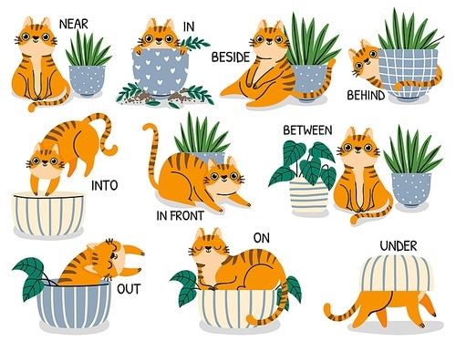 English prepositions. Educational visual material for kids learning language. Cute cat behind, above, near and under flower pot vector set. Foreign language for children illustration