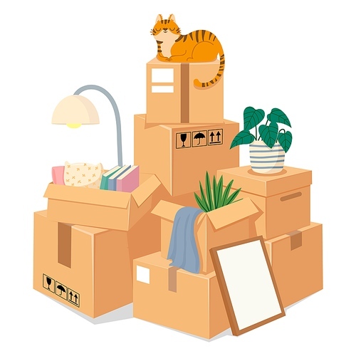 Boxes stack for moving. Stacked brown cardboard packages with stuff for move to new house. Box pile of sealed goods. Vector moving concept. Illustration stacked and packing pile crate to moving