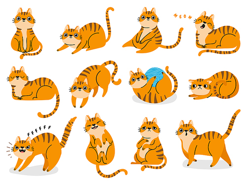 Cat poses. Cartoon red fat striped cats emotions and behavior. Animal pet kitten playful, sleeping and scared. Cat body language vector set. Illustration pet cat, cute striped animal kitten