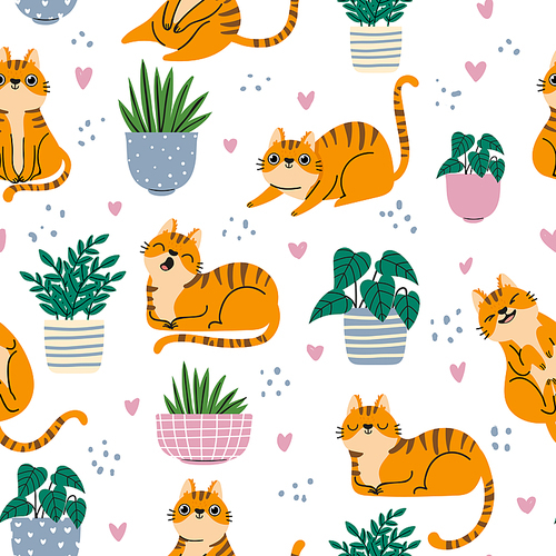 Cat seamless pattern. Red cats and plants in pots repeated wallpaper in scandinavian style. Cartoon funny kittens , vector background. Illustration scandinavian background pet striped