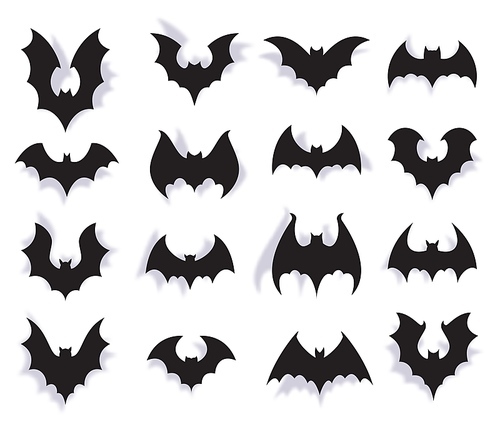 Paper bats. Halloween symbol of creepy flying animal with wings. 3d vampire party decoration. Scary bat horror black silhouettes vector set. Decoration for costumed event celebration