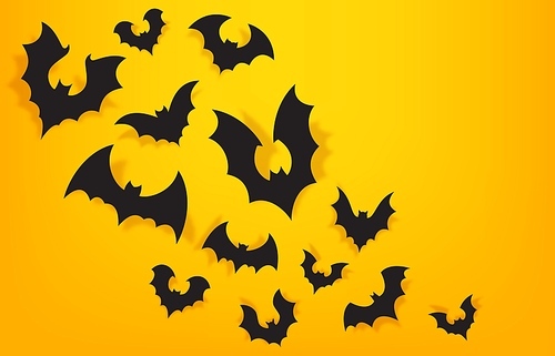Paper bats background. Halloween orange banner with spooky bat. Trick or treat party decoration. Vector poster for scary october celebration. Dark and mystic holiday event decoration