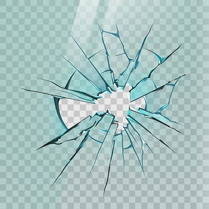 Broken glass. Realistic crack on window, ice or mirror with sharp shards and hole. Smashed screen effect, shattered glass vector mockup. Illustration glass crash, shattered vandalism, sharp textured