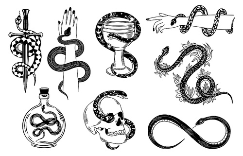 Snakes tattoo. Occult snake wrapped around hand, skull, dagger, bowl and poison. Serpent silhouette in flowers. Mystical tattoos vector set. Illustration tattoo snake, symbol of occult