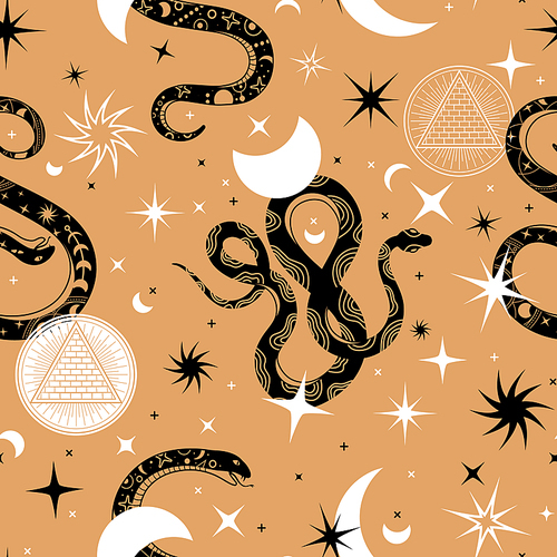 Mystic snakes seamless pattern. Print with snake silhouettes and astrology symbols. Magic ornate with stars, moon and snakes vector design. Illustration background and pattern, alchemy and snake