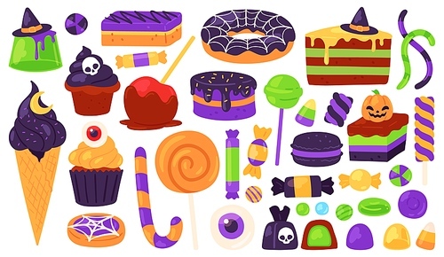 halloween sweets. trick or treats candies and dessert with spooky decoration, witch hat, pumpkin, spider web.  kids holiday vector set. illustration halloween candy and spooky sweets