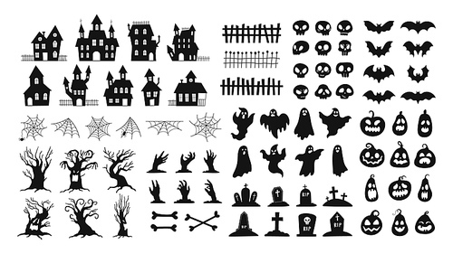 Halloween silhouettes. Spooky decorations zombie hands, scary tree, ghosts, haunted house, pumpkin faces and graveyard tombstones vector set. Illustration halloween bat, scary and spooky