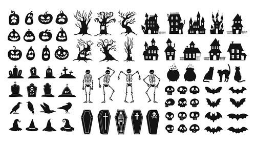 Horror silhouettes. Scary halloween decor skulls and skeletons, witch hats, black cats, crows and graveyard coffins. Spooky house vector set. Illustration horror pumpkin and celebration elements