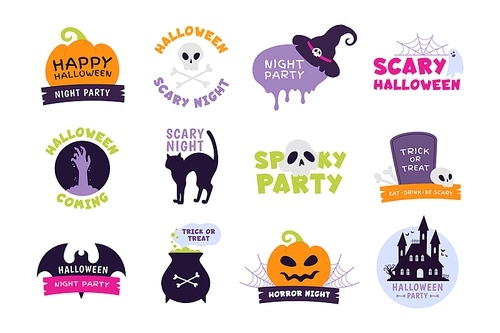 Halloween logo. Trick or treat labels and sticker for scary holiday with pumpkins, skulls and ghost. Happy Halloween party vector set. Scary holiday halloween logo, label party sticker illustration