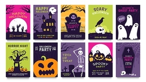 Posters for halloween party. Horror movie night flyer, ticket and trick or treat invitation with skeleton, zombie, scary pumpkin vector set. Illustration halloween night party and invitation poster