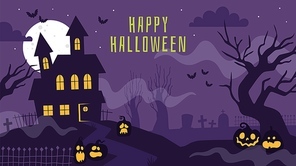 Halloween banner with haunted house. Poster with scary graveyard, full moon, spooky trees, tombstones and lantern pumpkins vector background. Spooky graveyard and scary poster with house illustration