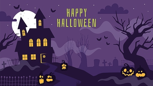 Halloween banner with haunted house. Poster with scary graveyard, full moon, spooky trees, tombstones and lantern pumpkins vector background. Spooky graveyard and scary poster with house illustration