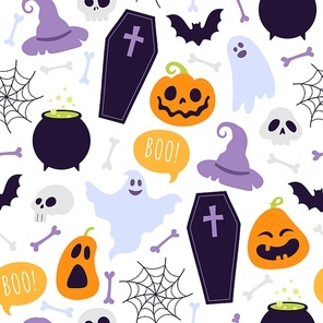 halloween seamless pattern. cartoon scary ghosts, orange pumpkins, bones, witch hat, coffin and skulls.  spooky holiday vector . illustration seamless pattern background with ghost