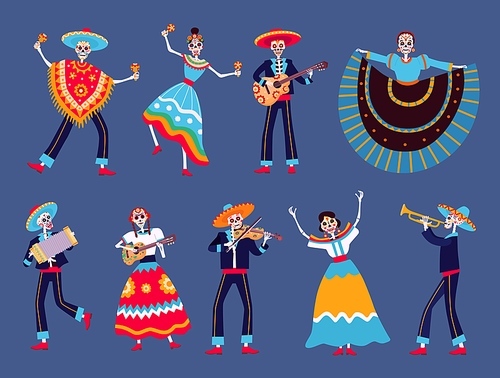 Day of dead skeletons. Mexican dia de los muertos skeleton dancers characters. Catrina, mariachi musicians skeletons with guitar vector set. Illustration mexican skeleton to day of death