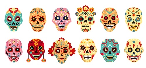 dia de los muertos skull. mexican day of the dead decorative man and woman sugar skulls with flower. mexico holiday skeleton face vector set. illustration death skull,  mexican decoration