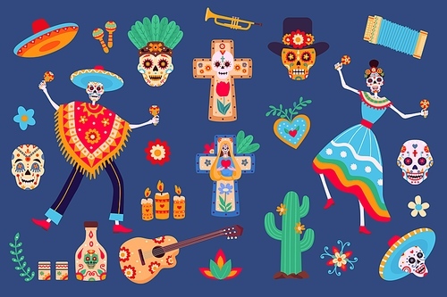 Day of dead elements. Skeleton characters in mexican clothes, sugar skull, sombrero, cactus and tequila. Dia de los Muertos party vector set. Illustration mexico element decoration colorful