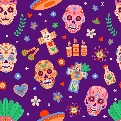 Day of dead seamless pattern. Dia de los muertos sugar skulls and flowers. Mexican halloween festival with skeletons heads flat vector . Illustration pattern death mexican, muertos mexico