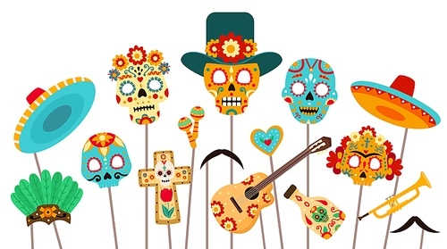 Dead of day photo booth. Skull masks, sombrero and props for Dia de los Muertos party. Mexican halloween holiday decorations flat vector set. Illustration booth props party for photo in mexican hat