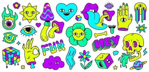Neon cartoon psychedelic hippy stickers with mushrooms and eyes. Hallucination elements, heart, skull, emoji and ok hand. Groovy vector set of psychedelic and hallucination elements