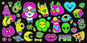 Psychedelic retro space, rainbow and surreal elements sticker. Abstract cartoon emoji, girl and cat character. Holutination vector set. Illustration of surreal art bright, sticker emoji surrealism