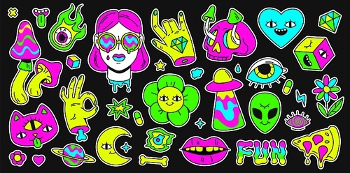Psychedelic retro space, rainbow and surreal elements sticker. Abstract cartoon emoji, girl and cat character. Holutination vector set. Illustration of surreal art bright, sticker emoji surrealism