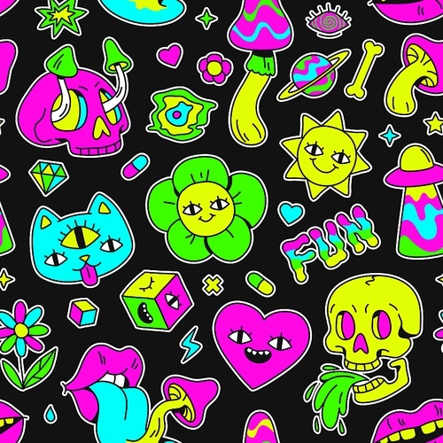 Surreal trippy seamless pattern with mushrooms and weird characters. Cartoon psychedelic animal, eyes, skulls and space badges vector . Seamless illustration psychedelic and trippy