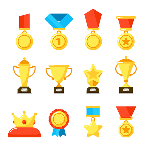 Sport winner trophy award, gold championship goblet and awarding reward cup. Golden awards for rewards ceremony vector flat icons isolated set