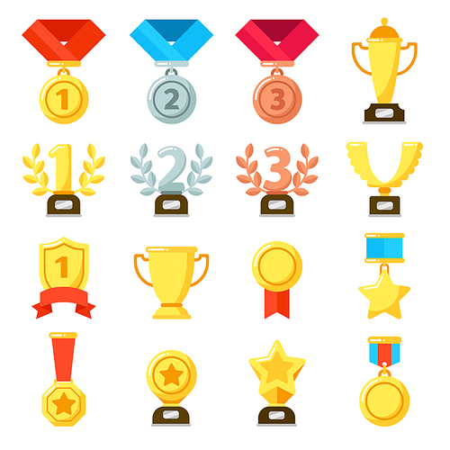 Achievement award, achiever trophy, achievements ribbon medal star icon. Gold, silver, bronze medals bowl winner cup of success vector flat isolated icons set