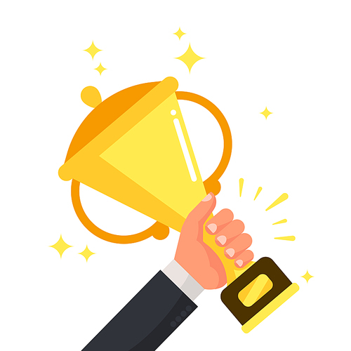 Successful competitive winner holding golden cup in hand. Prize for winning competition achievement, champion success award cartoon colorful vector flat illustration