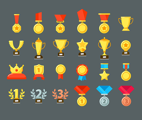 Award icons. Golden trophy cup, reward goblets and winning prize. Flat medals awards or leader achievement awarding medal. Victory champion badge emblem isolated vector symbols set
