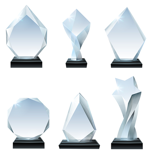 Glass trophy award. Acrylic awards, crystal shape trophies and winner award glassy board transparent. Winning certificate trophy, sport prizes cup. Realistic isolated icons vector set
