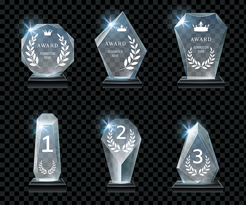 Winner glass trophy. First place award, crystal prize and signed acrylic trophies. Glass awarding trophy, championship win glossy cup. Realistic isolated vector signs set