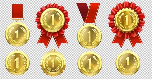 Realistic gold medal. Champion medals with number one and red ribbons. Sports competition first prize, achievement vector set. Champion gold winner, golden medal achievement illustration