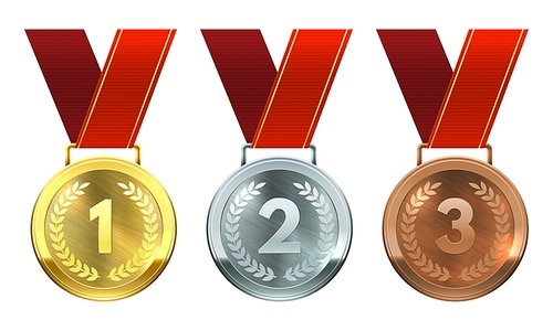Gold, silver and bronze medals. First, second and third place awards, realistic round medals on red ribbons, championship reward vector set. Achievement for winner in competition or contest