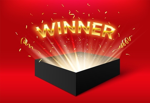 Winner glowing box with golden ribbons and confetti. Surprise carton isolated on red for event celebration. Winning in competition, giveaway, jackpot prize banner vector illustration
