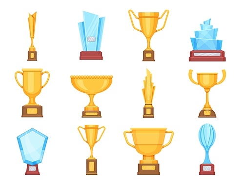 Golden trophy cups. Glass and gold award trophies for sports or competition. Crystal championship rewards and winner prizes flat vector set. Trophy and cup, prize and reward illustration