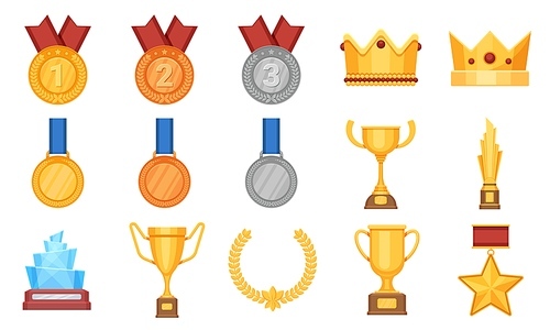 Trophies and medals. Award prize flat icon, olympic gold, silver and bronze medal with ribbon. Winner cup, glass reward and crown vector set. Prize award, success cup and medal, winner of reward
