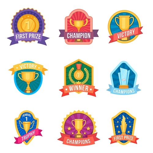 Champion emblems. Trophy cups and medals on award logos and sport league badges. Tournament victory. Cartoon winner first prize vector set. Achievement of emblem, championship insignia