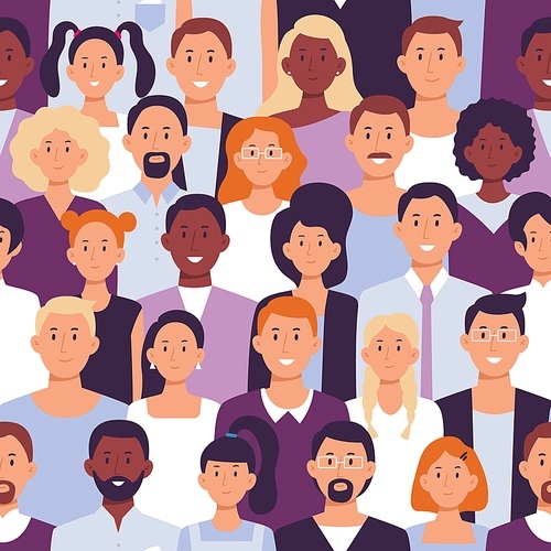 Business people crowd pattern. Office employees, workers team portrait and colleagues standing together. Multicultural social job population, professional business team seamless vector illustration