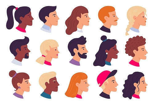 Profile people portraits. Male and female face profiles avatars, side portrait and heads. Person web user avatar, hipster character portrait. Isolated flat vector illustration icons set