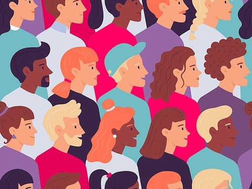 Seamless profile people pattern. Male and female faces side portrait crowd, young person profiles portraits. Various characters wallpaper, social protest demonstration vector illustration
