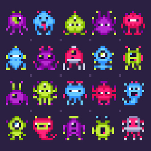 Pixel space monsters. Arcade video games robots, retro game invaders pixel art. Virus ufo invader characters, arcade pixel 8 bit game. Geek isolated vector icons set