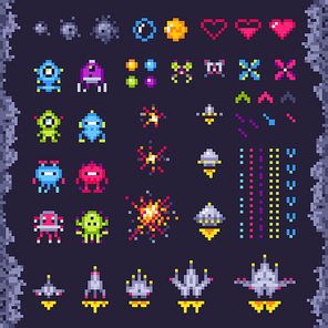 Retro space arcade game. Invaders spaceship, pixel invader monster and retro video games pixel art icons. Vintage computer 8 bits graphics pixel game isolated objects illustration set