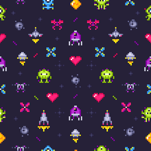 Old games seamless pattern. Retro gaming, pixels video game and pixel art arcade. Robot invader or space invaders pixelation computer game. 8 bit vector background illustration