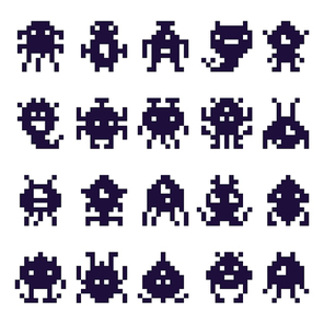 Pixel art invaders silhouette. Space invader monster game, pixels robots and retro arcade games. Computer video game vintage graphics alien monsters characters isolated vector icons set